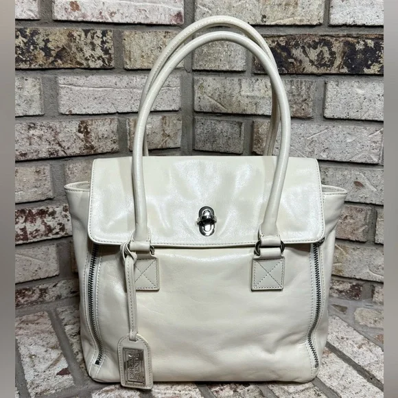 Badgley Mischka Ivory and Black Leather Tote Bag Silver Hardware Satchel - Picture 1 of 13